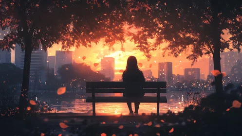 Silhouette on park bench facing city sunset across water.