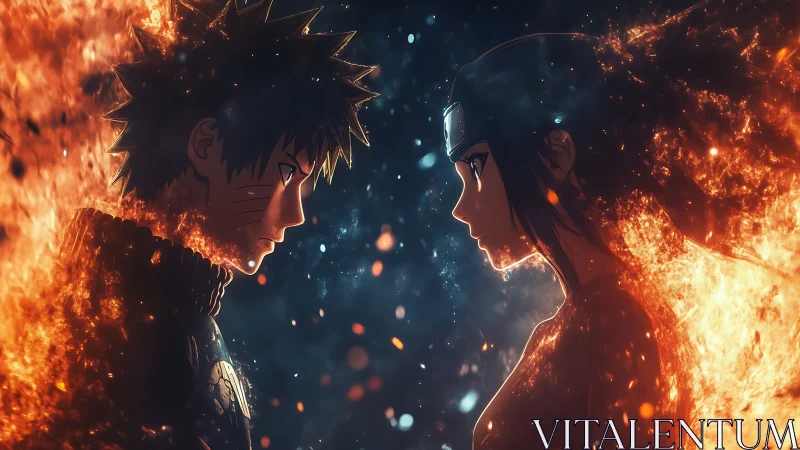 Fiery anime duel unfolds amid sparks and darkened skies