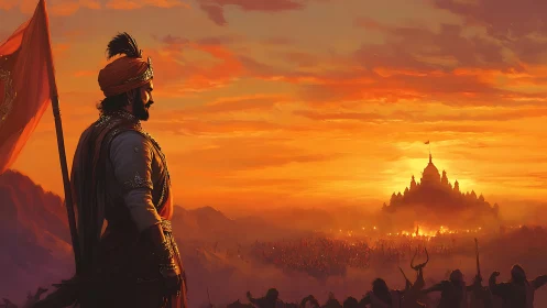 Sunset warrior panorama with fortified palace skyline composition.