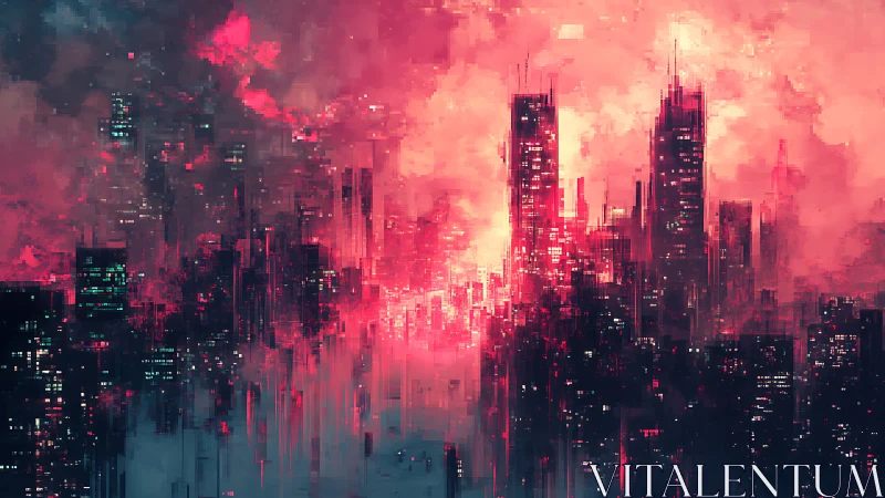 Neon storm skyline dissolving into glitchfire dusk.