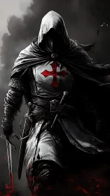 Hooded crusader strides through smoke with blood-red cross