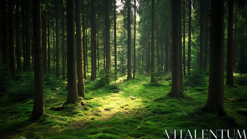 Sunlit mossy forest with tall trees in tranquil natural setting.