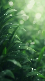 Dew-covered narrow leaves against blurred green background.