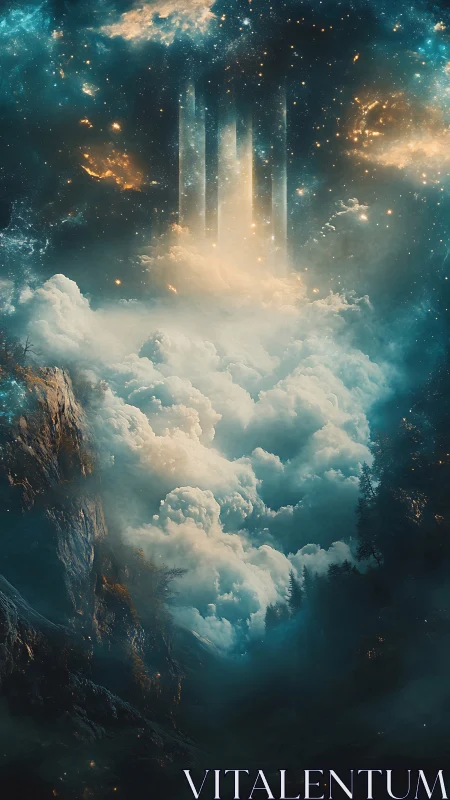 Towering luminous spires rise from dense celestial clouds