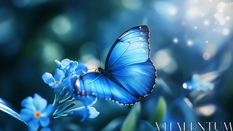 Photorealistic blue morpho butterfly on luminous blossoms.