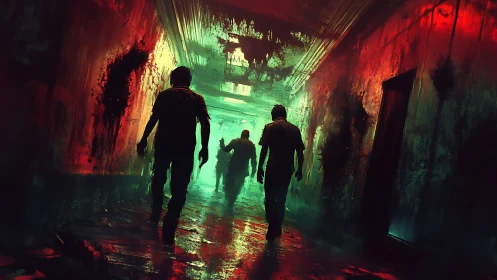 Backlit silhouettes in neon-tinged decayed hospital corridor