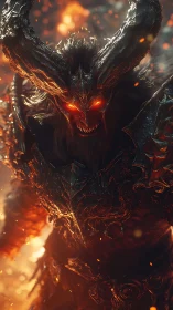 Armored hell demon with molten horns rendered in high-detail 3D