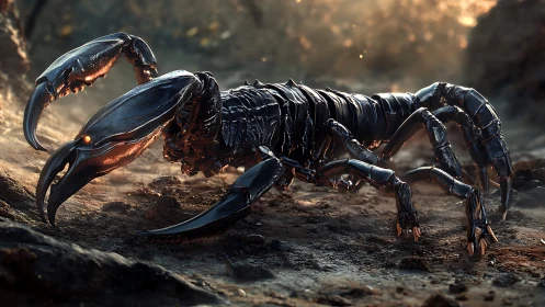 Photorealistic biomechanical scorpion with tactical exoskeleton.
