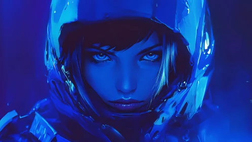 Cyberpunk pilot portrait in electric blue chromatic armor.