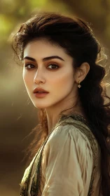 Young woman in soft light portrait with calm expression.