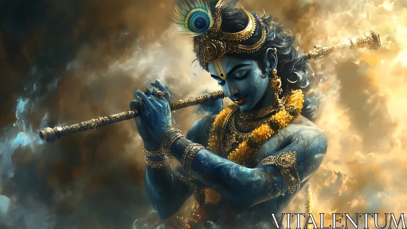 Celestial blue flutist crowned in swirling golden clouds.