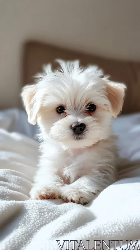 Morning light crowns this tiny white puppy in plush serenity