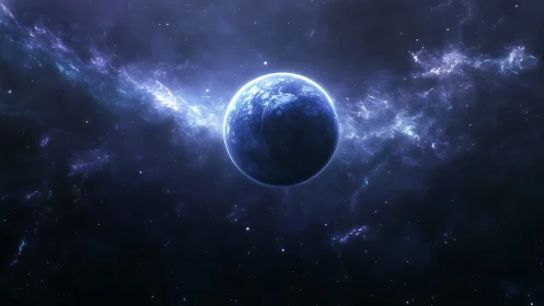 Distant blue planet centered in deep interstellar space.