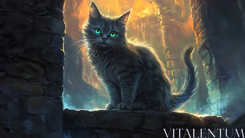 Mystical Black Cat with Glowing Emerald Eyes in Ancient Ruins.