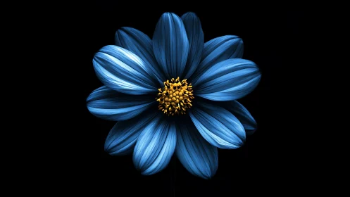 Blue cosmos flower with yellow stamens rendered against black background with dramatic lighting
