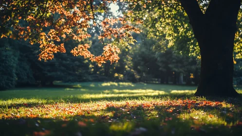 Warm evening sunlight filters through autumn park tree