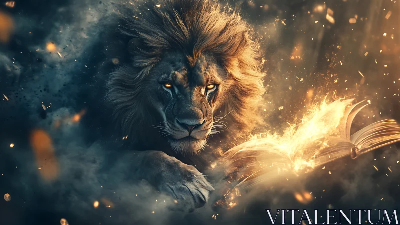 Mythic lion illuminated by blazing spellbook in dynamic embers field