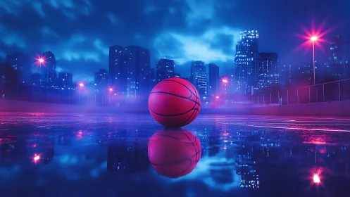 Neon city basketball waits on a rain slicked midnight court
