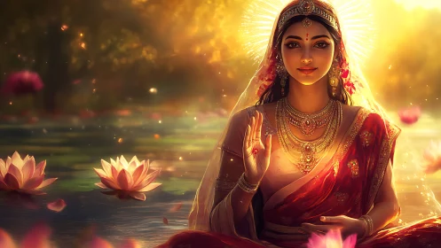 Goddess figure in golden lotus pond with radiant halo.