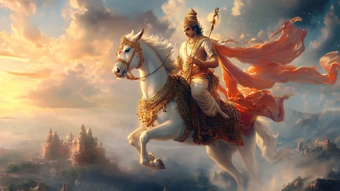 Armored rider on white horse above expansive citadel landscape.