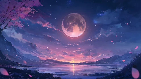 Moon dominates twilight lake under violet and pink sky