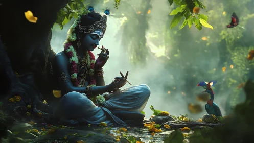 Divine blue flutist dreaming with birds in luminous forest.