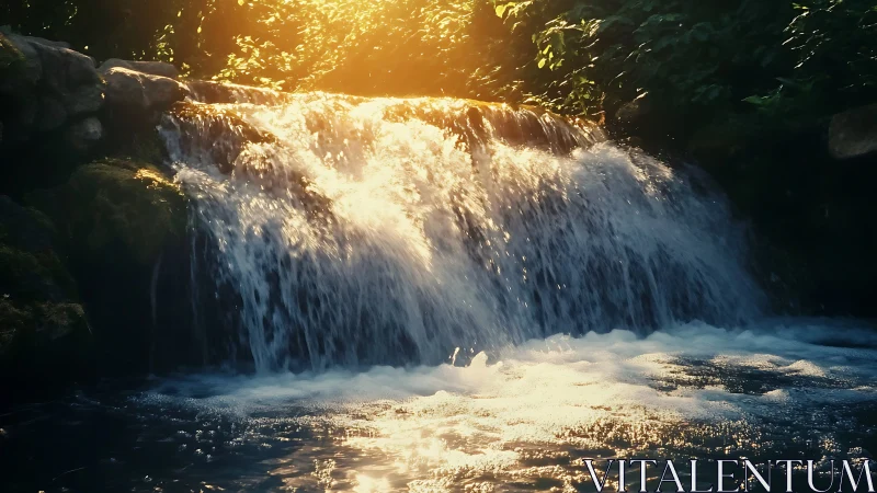 Serene waterfall in sunlight with lush greenery, natural landscape.