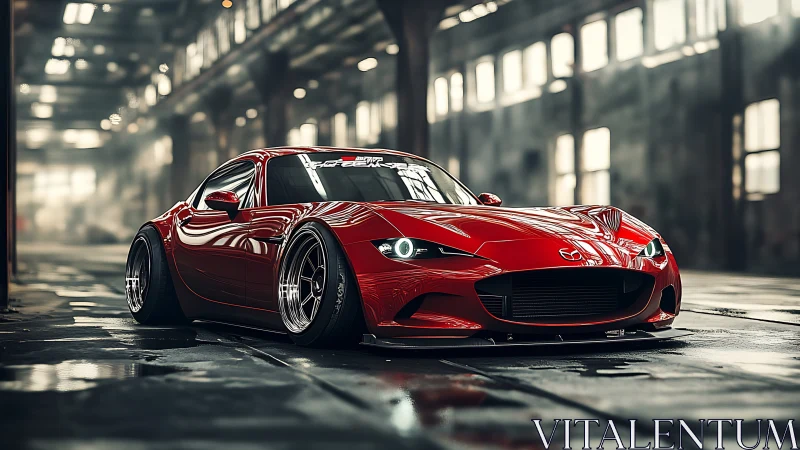 Lowered red Mazda sports car waits in moody industrial light