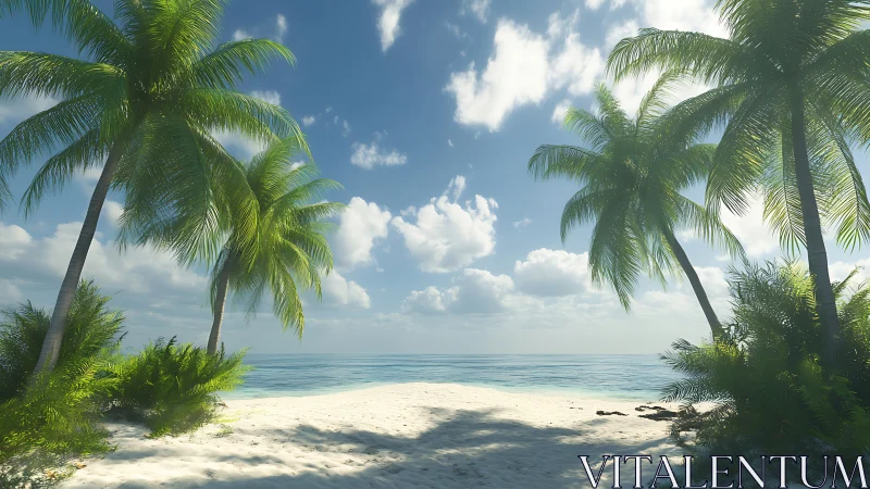 Tropical Beach Paradise with Palm Trees and Calm Waters.
