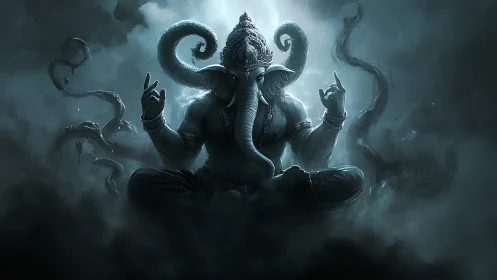 Mythic elephant-headed figure sits in mist with extended arms