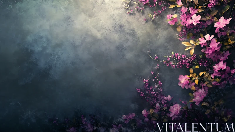 Moody floral border with pink blossoms on misted backdrop.
