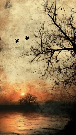 Ragged tree silhouettes quietly drink the ember-tinted sunset