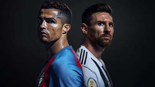 Back-to-back footballers under dramatic studio key lighting