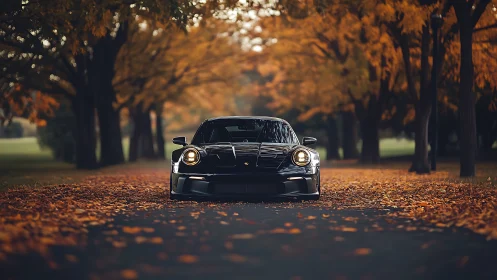 Low-angle front view sports coupe on leaf-covered autumn road