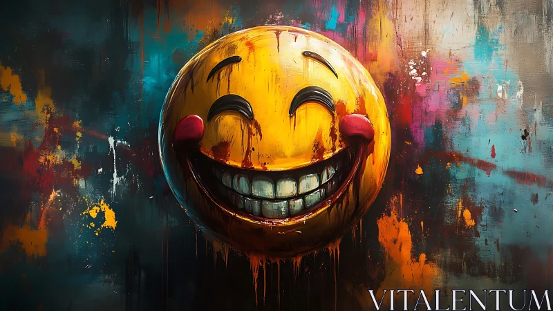 Grinning smiley face dripping over chaotic neon graffiti wall.