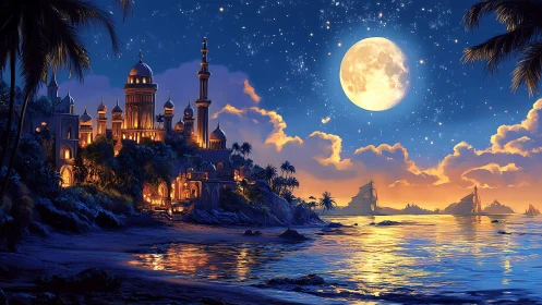 Moonlit fantasy coastal palace under starry night sky.