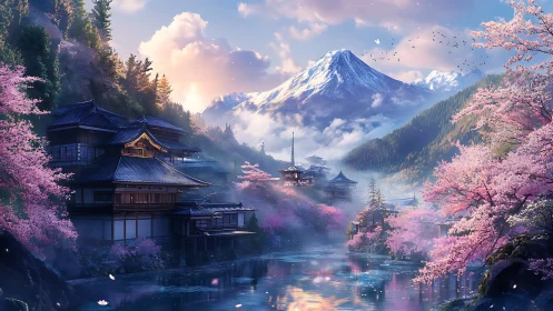 Mountain village with cherry blossoms and riverside houses.