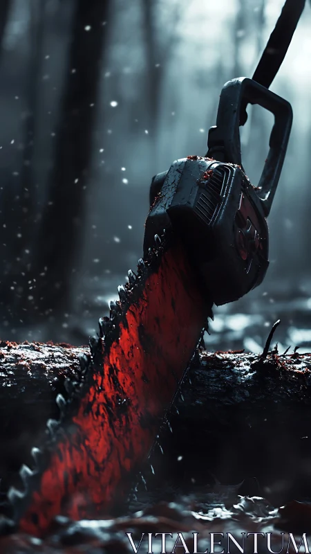 Photorealistic bloodstained chainsaw in cinematic forest tableau.