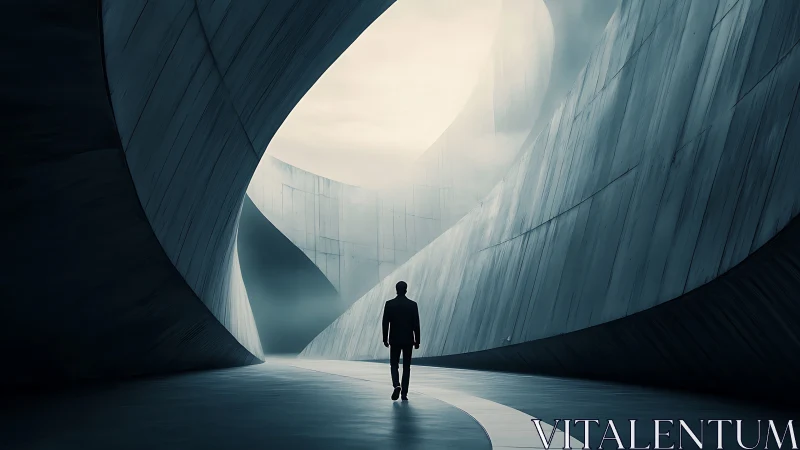 Solitary Figure Walks Through Modern Concrete Archway.
