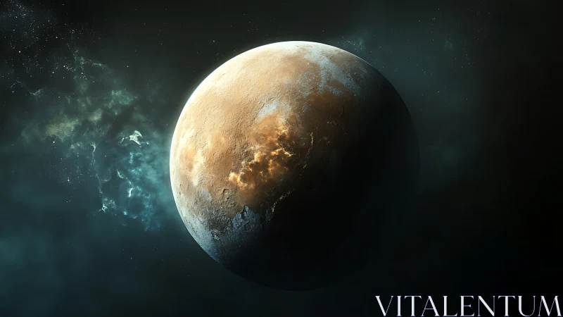 Rocky illuminated planet in deep space with glowing surface.