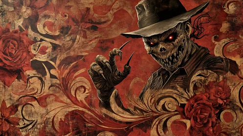 Grotesque skeletal slasher framed by baroque roses and swirling decay