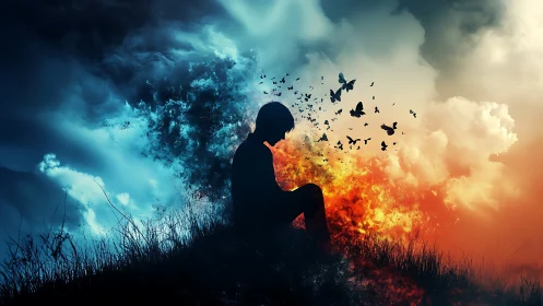 Silhouette on elemental ridge with bifurcated atmospheric turbulence.