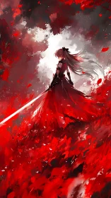 Sword-wielding girl stands in red battlefield under bright sky