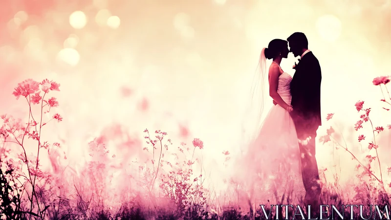 Bride and Groom Share First Kiss in Romantic Flower Field