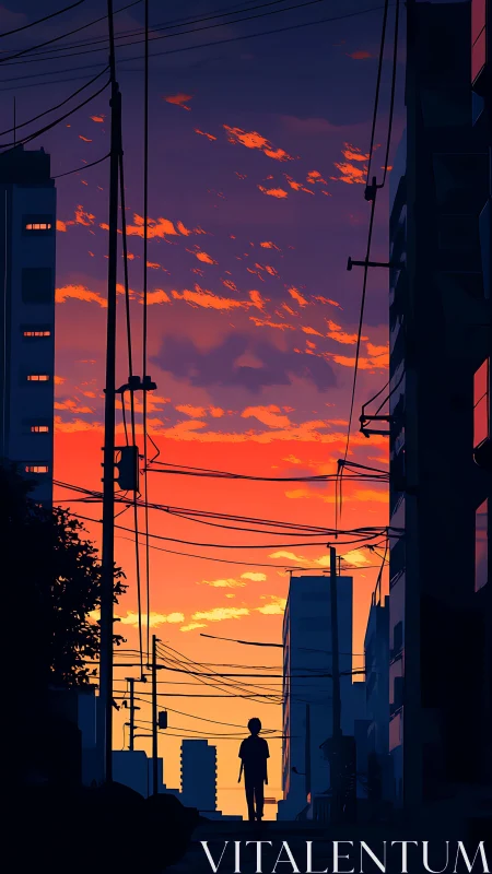 Urban silhouette walks beneath vivid sunset sky glow.