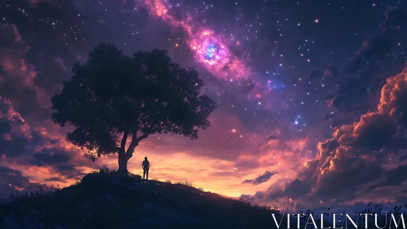 Silhouette under lone tree observing luminous galactic sky