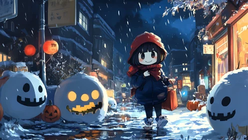 Snowy night street merges Halloween lanterns with soft anime lighting