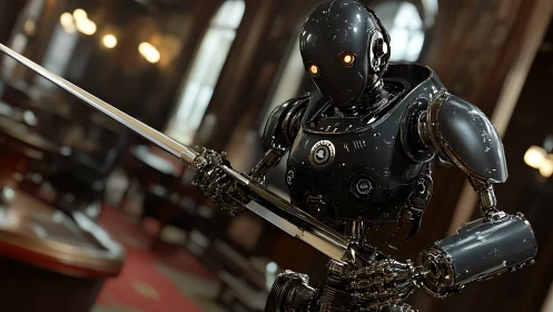 Sword-wielding combat robot in polished vintage interior.