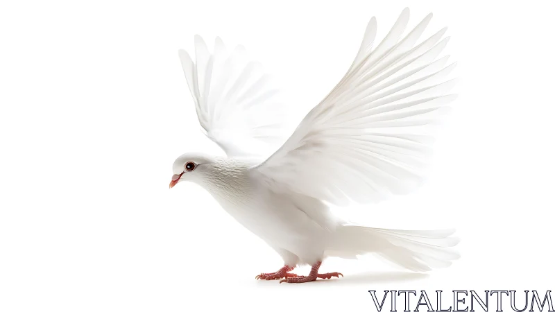 White dove landing with spread wings on white background.