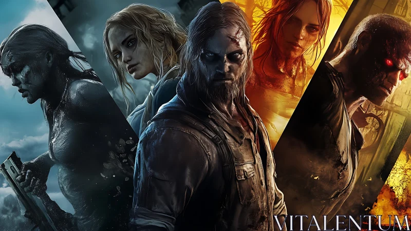 Cinematic quad-panel horror survivors versus demonic entity